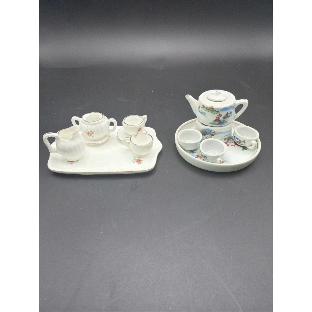 Lot of 2 Vintage Miniature Porcelain Tea Sets Floral Asian Scenic Dollhouse